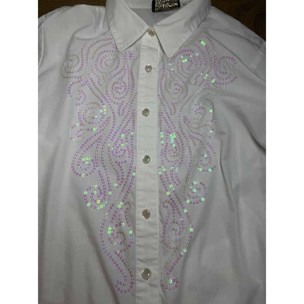 Bob Mackie Wearable Art White Button Front Shirt XL Iridescent Swirl Sequins - Picture 5 of 7